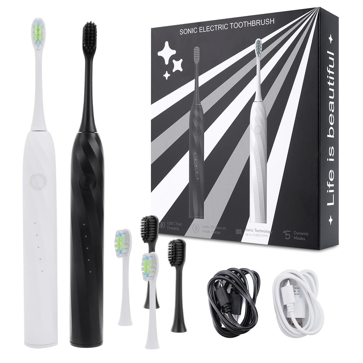 CarpartsX 2 Counts Electric Toothbrush Set, USB-C Rechargeable, 5 Modes, 30-Day Battery, 40,000 VPM, 4 Brush Heads(Black & White) Ideal for Home & Gift