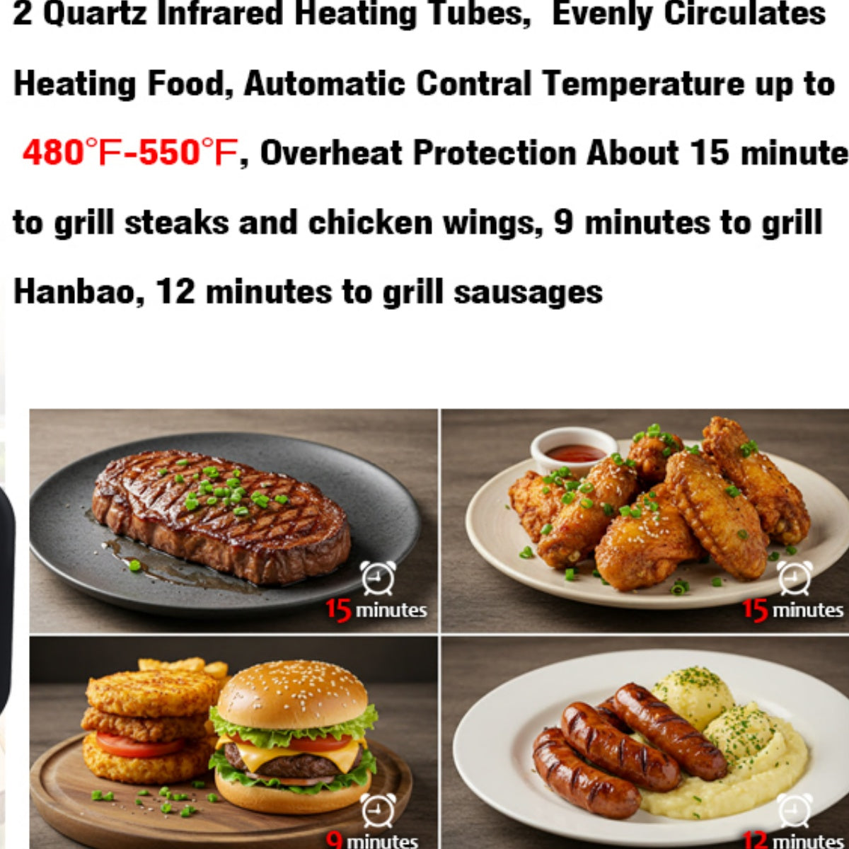 CarpartsX Portable Smokeless Electric Grill for Outdoor, Infrared Quartz Heating, Nonstick, Adjustable 480-550°F, Fast Cooking for Steak, Chicken & Sausages