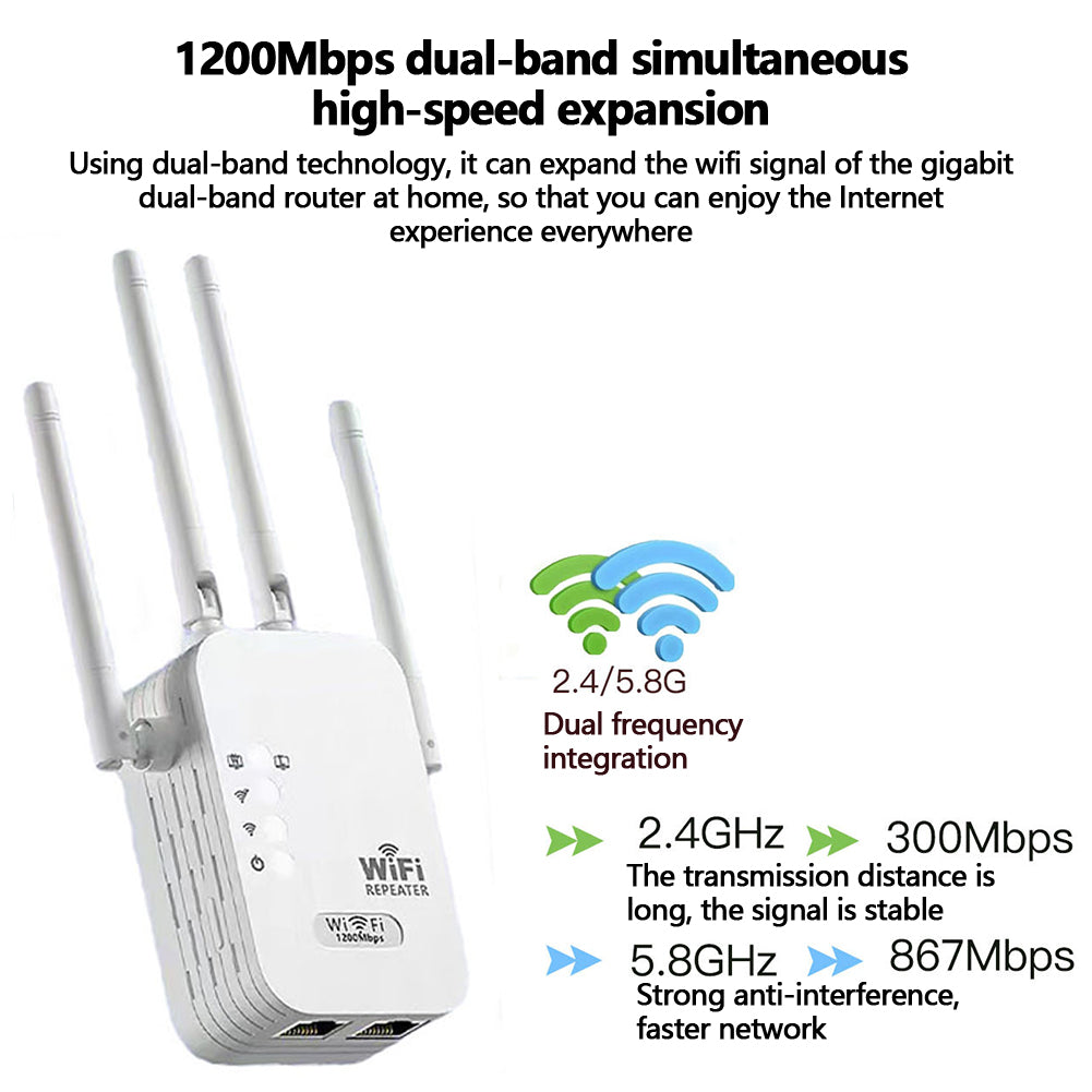 Signal Extender 5G High-Speed Expansion WiFi Booster Dual Band 1200M Wireless Network Signal Booster for Indoor and Home Use US Plug White
