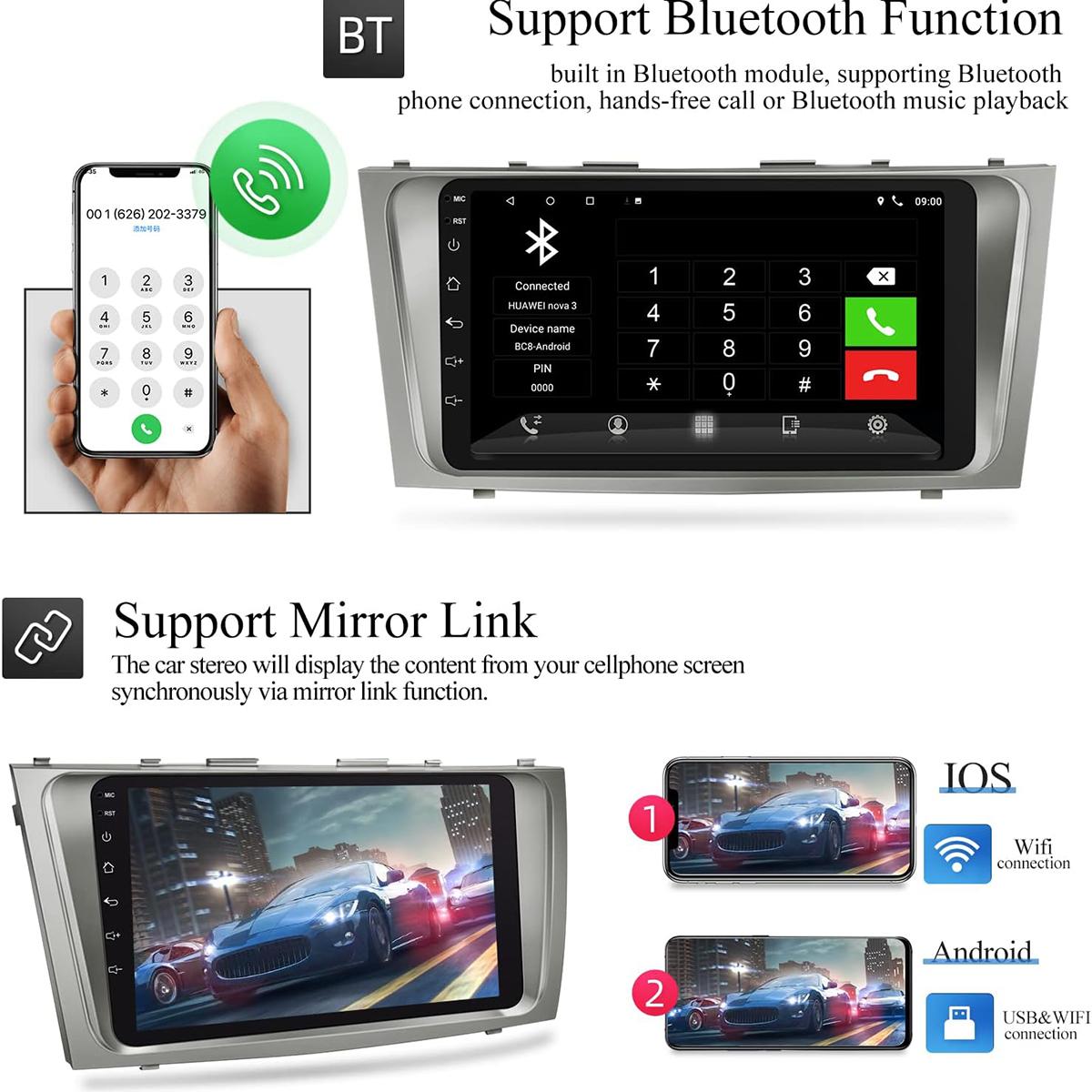 CarpartsX Android 13 Car Stereo for 2007-2011 Toyota Camry – 9" Touchscreen, Wireless CarPlay & Android Auto, WiFi, GPS, SWC, 2+32GB, Bluetooth, Backup Camera