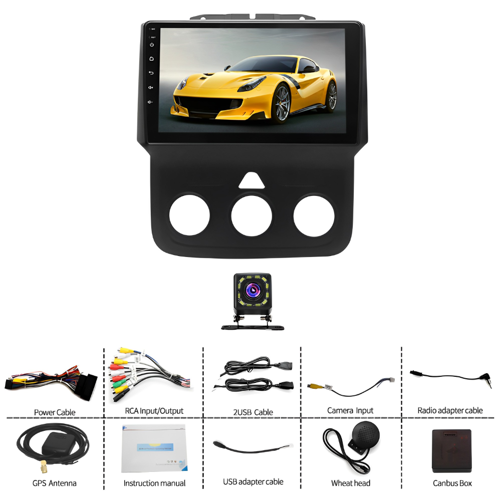 2+32G Android 13 Car Stereo for Ram 1500 2500 3500 (2013โ2019), 9 Inch Touchscreen Radio with CarPlay & Android Auto, Backup Camera, GPS, FM/RDS, DSP, SWC
