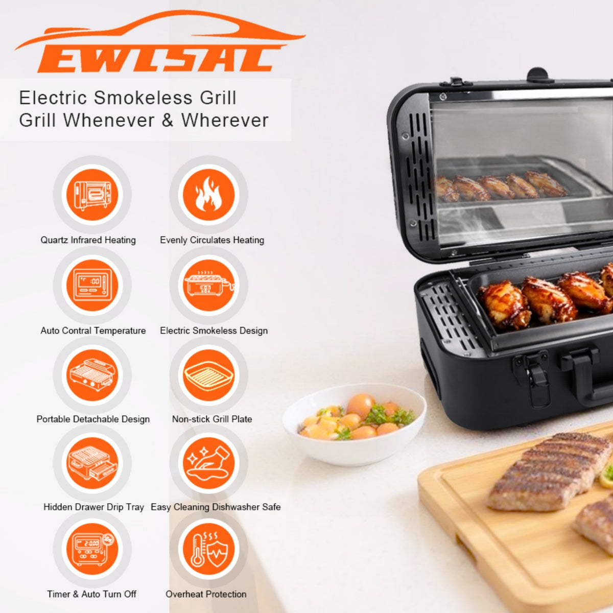 CarpartsX Portable Smokeless Electric Grill for Outdoor, Infrared Quartz Heating, Nonstick, Adjustable 480-550°F, Fast Cooking for Steak, Chicken & Sausages