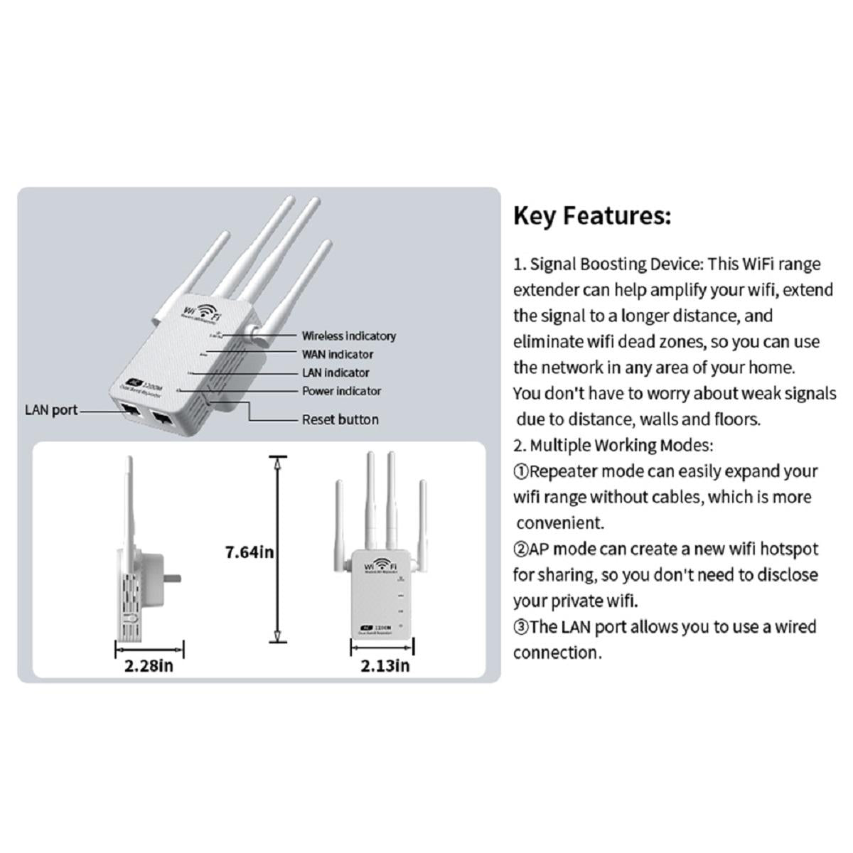CarpartsX WiFi Extender Booster 1200Mbps – Band 5G Wireless Signal Repeater with 4/6 Antennas, Plug & Play Amplifier for Home Office, US Plug