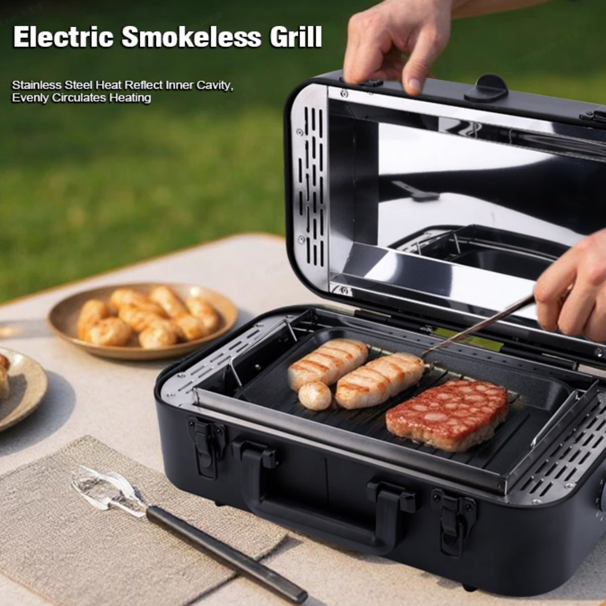 CarpartsX Portable Smokeless Electric Grill for Outdoor, Infrared Quartz Heating, Nonstick, Adjustable 480-550°F, Fast Cooking for Steak, Chicken & Sausages