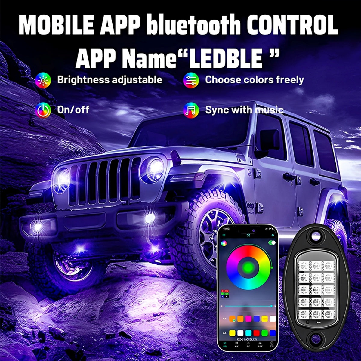 4 Pods RGB LED Rock Lights Kit with APP & Music Sync, Multicolor Underglow Neon Lights for Trucks, ATV, UTV, SUV, Off-Road, 12V