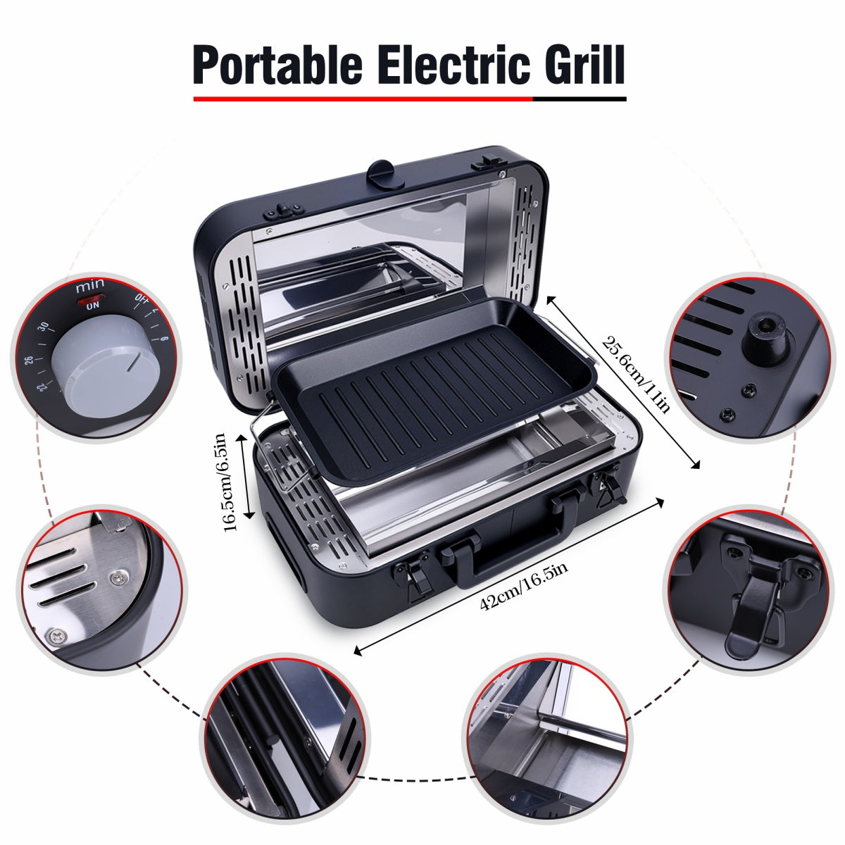 CarpartsX Portable Smokeless Electric Grill for Outdoor, Infrared Quartz Heating, Nonstick, Adjustable 480-550°F, Fast Cooking for Steak, Chicken & Sausages