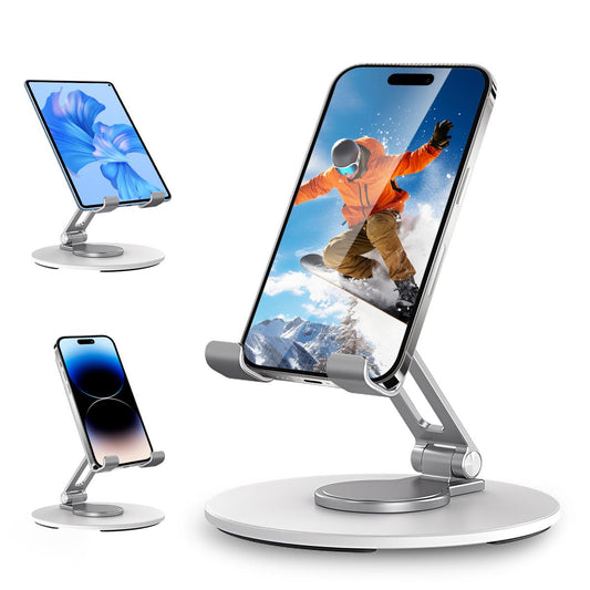 Desk Cell Phone Stand, Adjustable Foldable 360° Holder for Phones & Tablets, Compatible with iPad Pro/Air/Mini & iPhone 17–12, Ideal for Folding Desk Smartphone Use