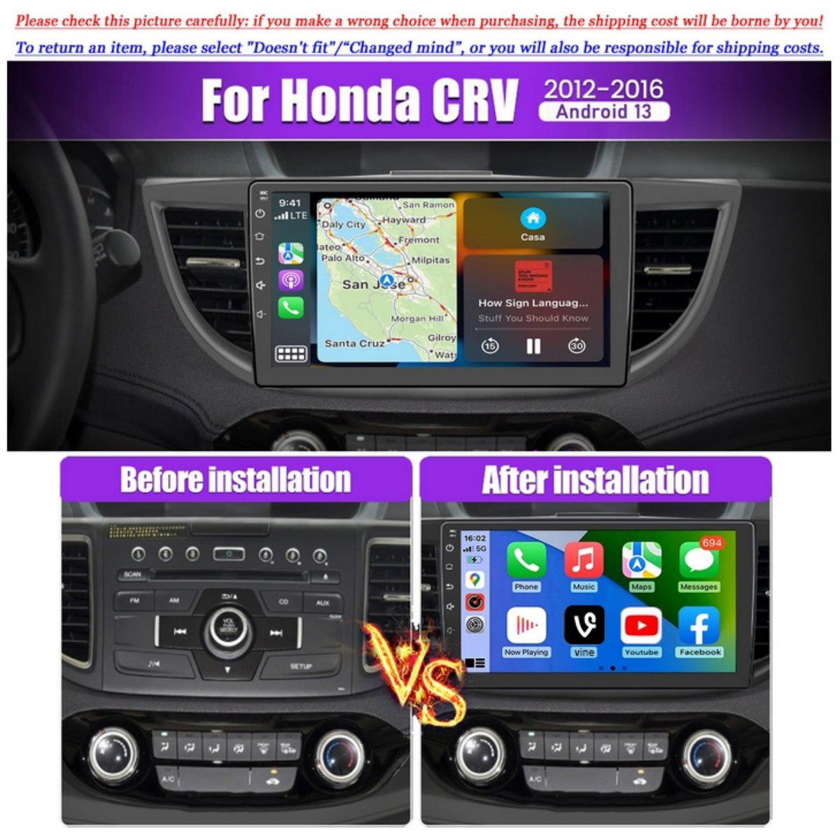 Upgrade your CR-V with a 10" Android 13 stereo featuring CarPlay, Android Auto, GPS navigation, Bluetooth, WiFi & FM/RDS for smarter driving.
