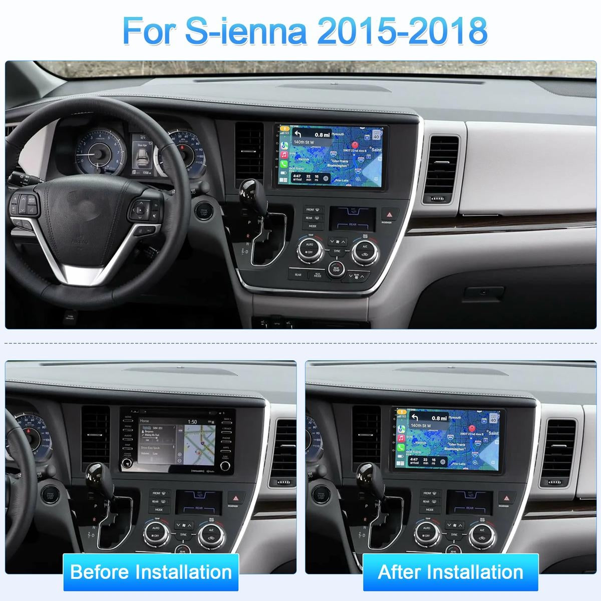 9" Android 13 Car Stereo for Toyota Sienna 2015-2018 – 2GB+32GB, Apple CarPlay & Android Auto, GPS, Bluetooth, WiFi, SWC, 4-LED Backup Camera