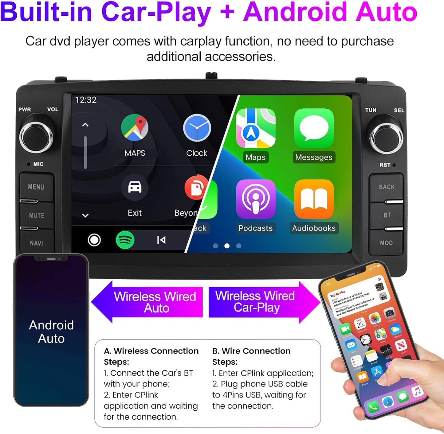 7" Android 13 Car Stereo for Toyota Corolla 2000-2006 – 4GB+64GB, Wireless CarPlay & Android Auto, GPS, Bluetooth, WiFi, FM, AHD Camera
