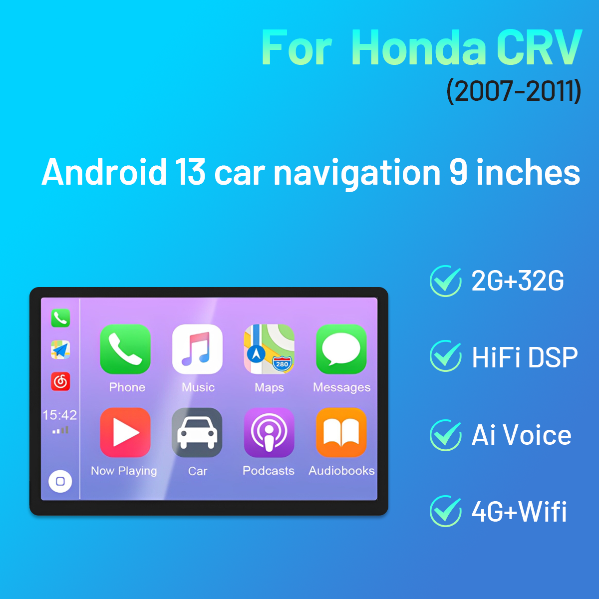 CarpartsX 2G+32G Android Car Radio Stereo for Honda CRV 2007-2011 Wireless Apple CarPlay Android Auto Bluetooth 9 Inch Touch Screen GPS Navigation Head Unit Upgrade Radio Mirror Link WiFi Backup Camera Mic