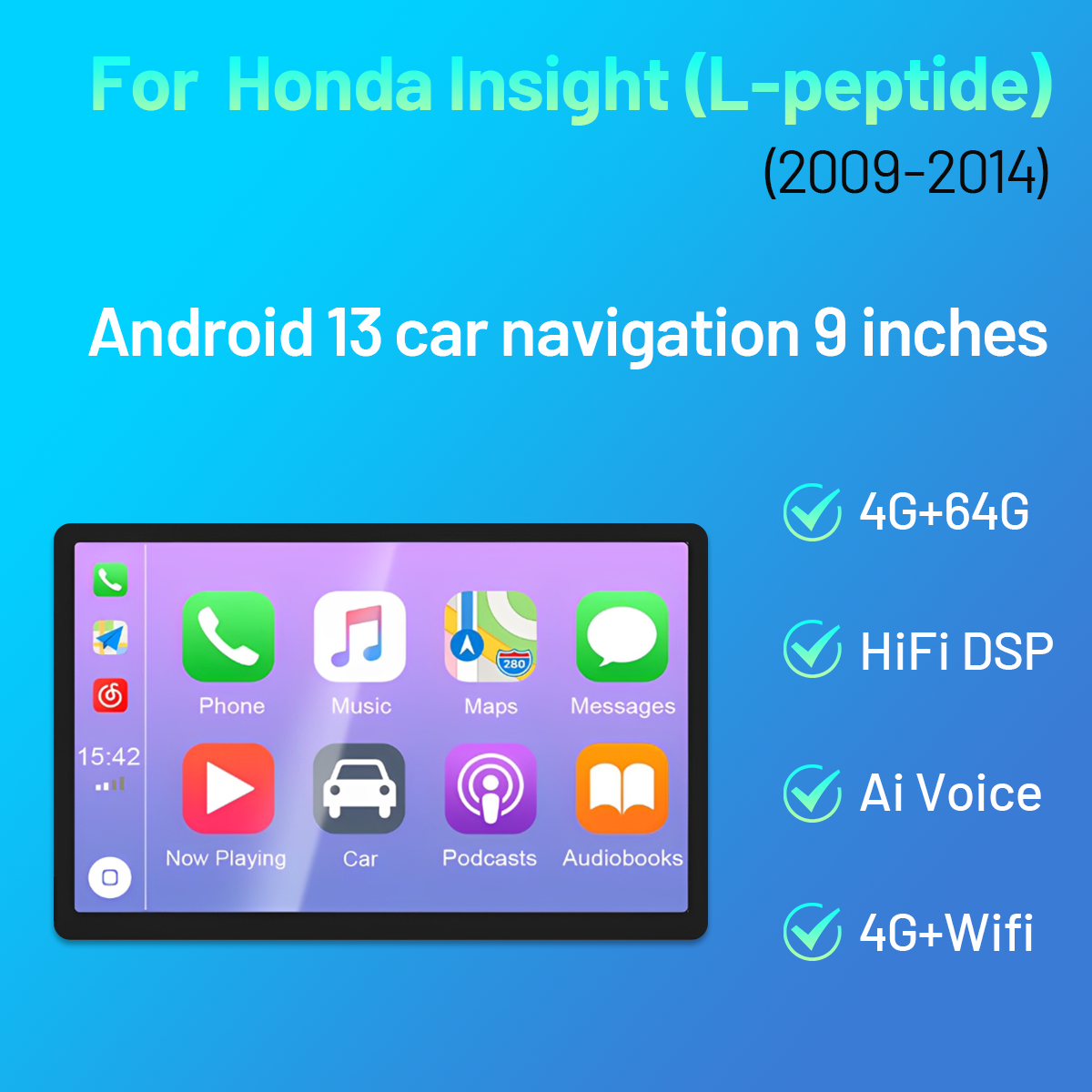 CarpartsX Applicable to 09-14 Honda Insight (left peptide) Android 13 car navigation 9 inches built-in Carplay + Android auto / 4 + 64G + AHD camera + microphone