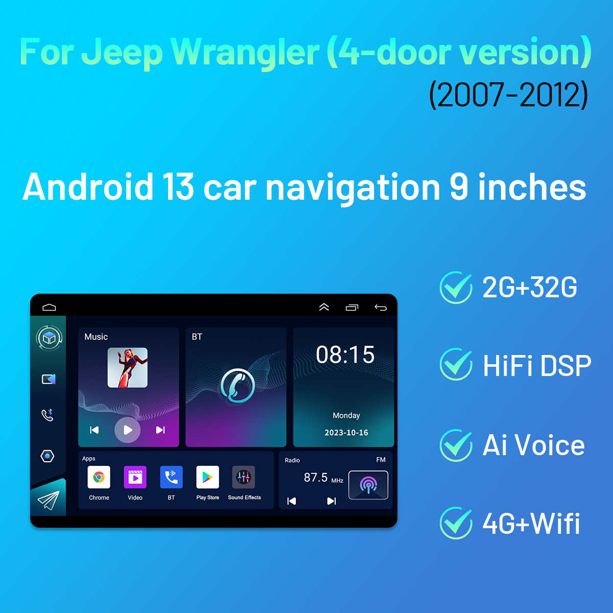 CarpartsX 9inch Car Stereo Radio Car-play GPS Wifi Compatible forWrangler JK 4-door 2007-2012 Android 13