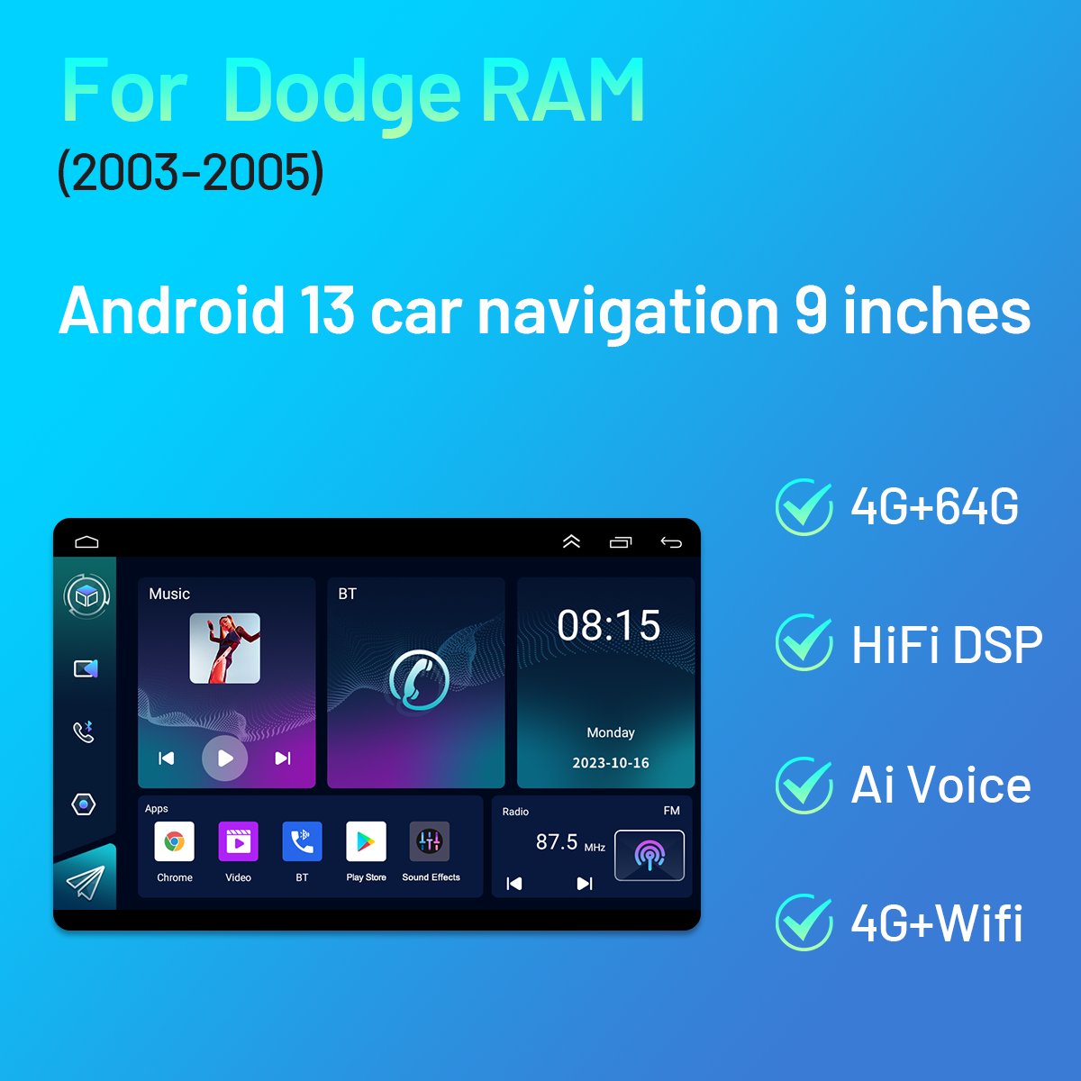 CarpartsX 9Inch Car Stereo Radio Car-play GPS Navigation Compatible forRAM 1500 2500 3500 Truck Applicable to 03-05 Dodge RAM Android 13 car navigation 9 inches - with carplay and Android auto function 4+64G+AHD camera+microphone2003-2005 Android 13