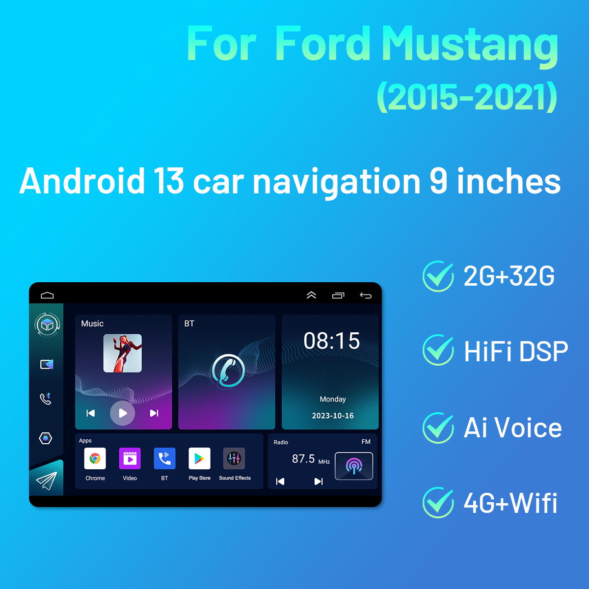 CarpartsX 15-21 Ford Mustang Android 13 Autonavigation 9 Zoll - mit Carplay und Android Auto Funktion 2+32G - mit Vierlichtkamera