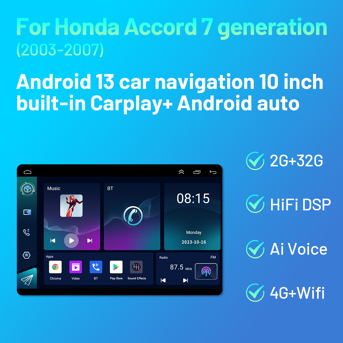 CarpartX 03-07 Honda Accord 7th Generation Android 13 Car Navigation 10 Inch Built-in Carplay + Android Auto / 2 + 32G + Four Light Camera