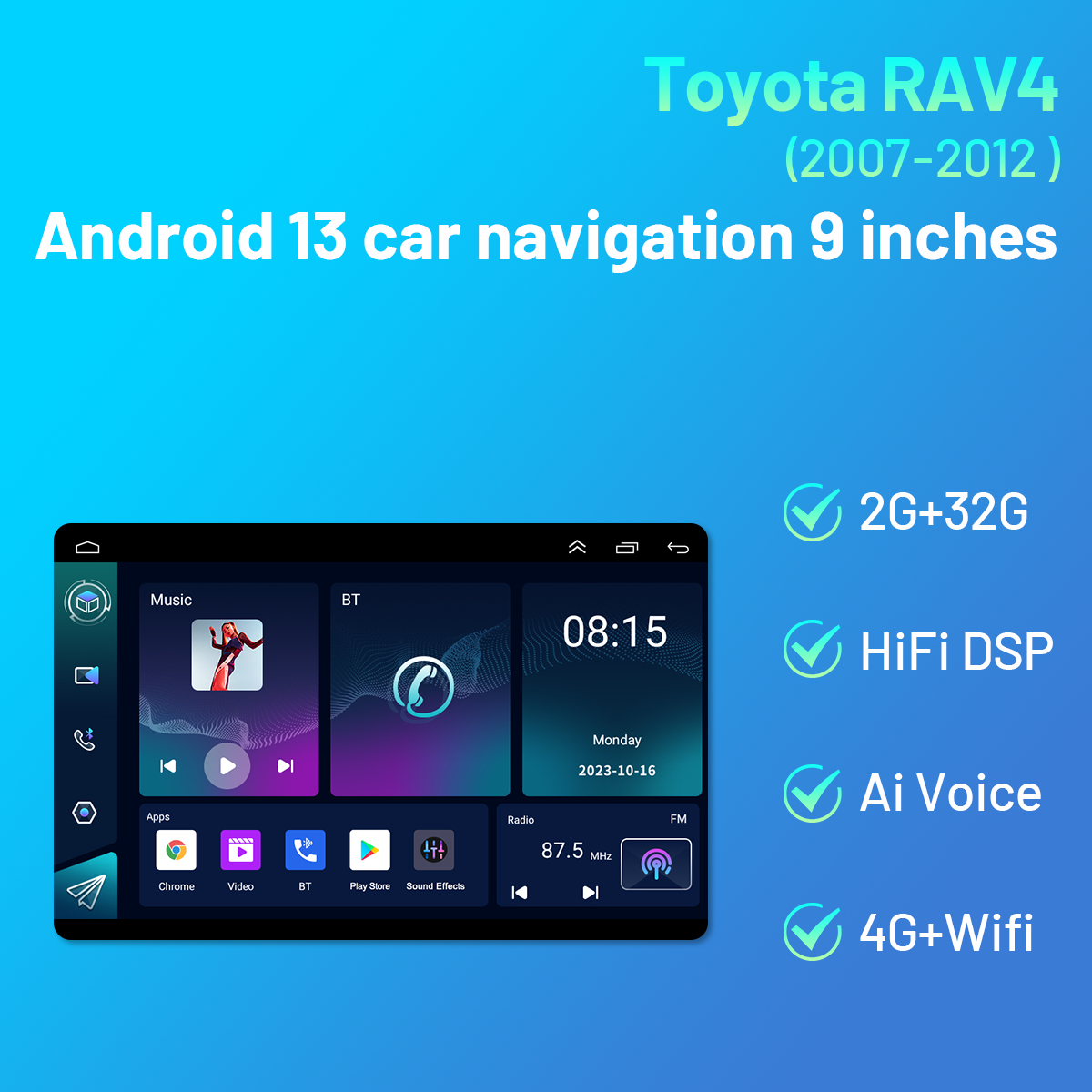 CarpartsX 07-12 Toyota RAV4 Android 13 Car Navigation 9 inches - with carplay and Android auto function 2+32G - with long license plate camera