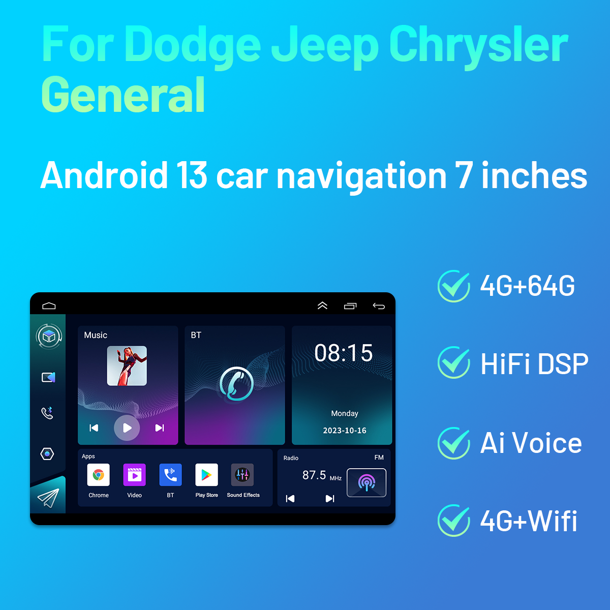 CarpartsX 4+64G Android 13 Car Stereo Radio GPS AHD Camera Microphone Compatible for CHRYSLER Chrysler 2007-2017