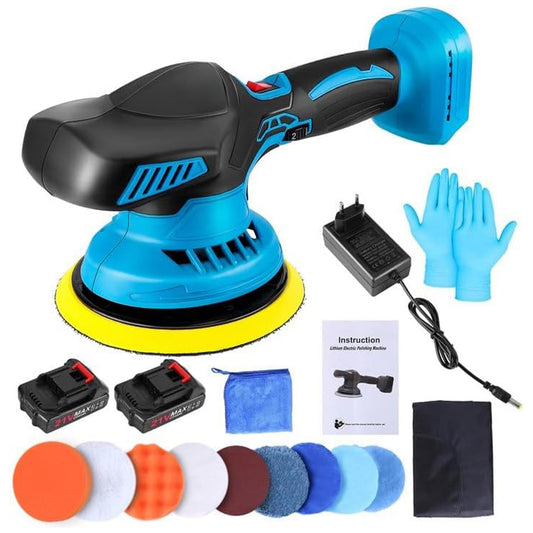 Cordless Rotary Car Polisher Kit, 11.8", 6 Variable Speeds 1200-5000RPM, 2×26V Batteries & 13 Attachments for Car/Boat Detailing & Waxing