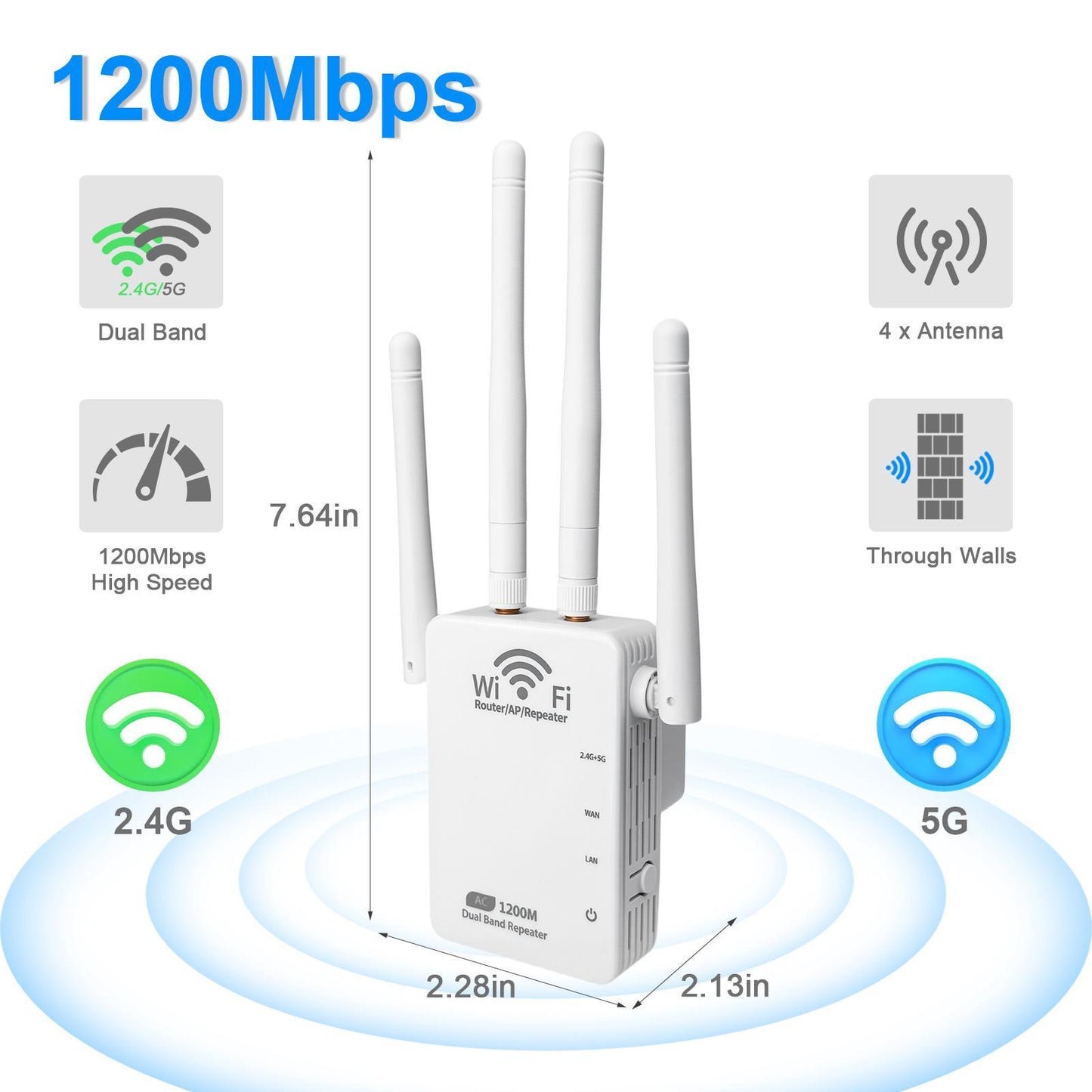 CarpartsX WiFi Extender Booster 1200Mbps – Band 5G Wireless Signal Repeater with 4/6 Antennas, Plug & Play Amplifier for Home Office, US Plug