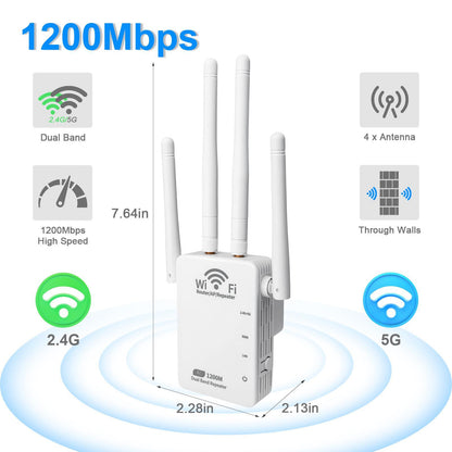 CarpartsX WiFi Extender Booster 1200Mbps – Band 5G Wireless Signal Repeater with 4/6 Antennas, Plug & Play Amplifier for Home Office, US Plug