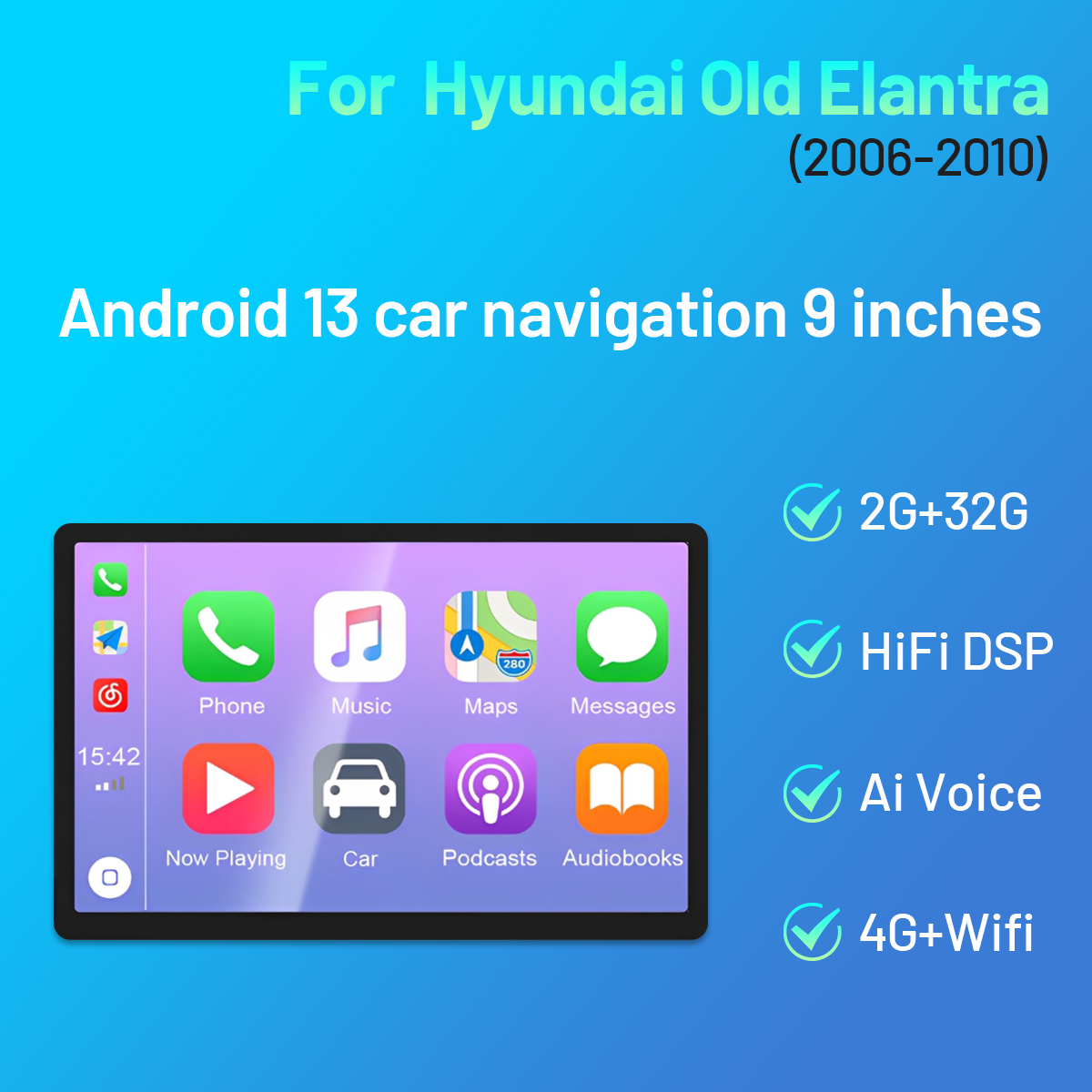 CarpartsX 2+32G Android 13 Car Stereo Radio for Hyundai Elantra 2007-2010, 9'' HD Touch Screen with Wireless CarPlay Android Auto, AHD Backup Camera, Mirror Link, GPS, WiFi, DSP