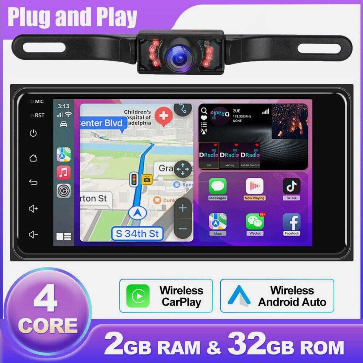 CarpartsX 7" Android 13 Car Stereo for Toyota 4Runner, Camry, RAV4, FJ Cruiser - Wireless CarPlay, GPS, BT, 2+32GB, AHD Camera&Mic CarPlay Wireless