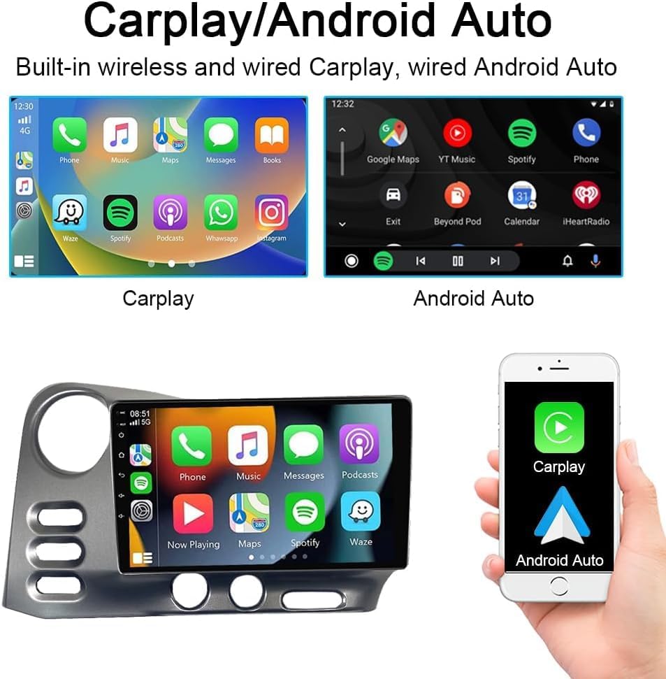 CarpartsX 9" Touchscreen Wireless Carplay Android Auto GPS+Free Reverse Camera 4+64G for Toyota Matrix/Pontiac Vibe Radio 2003/2004