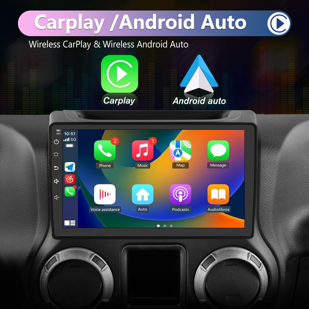 CarpartsX Android 13 Car Stereo for Jeep Wrangler JK, Chrysler, Dodge RAM - 10" Touchscreen, Wireless CarPlay, Android Auto, GPS, AHD Camera&Mic, SWC, WiFi