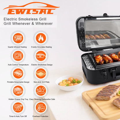 CarpartsX Portable Smokeless Electric Grill for Outdoor, Infrared Quartz Heating, Nonstick, Adjustable 480-550°F, Fast Cooking for Steak, Chicken & Sausages