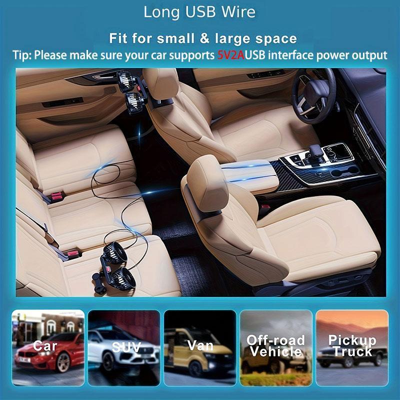 CarpartsX Adjustable Car Backseat Fan, 1 Count Summer Essential Double-head Electric Fan with Seat Clip, Car Interior Diffusers, Strong Wind Rear Seat 360 Degrees Rotation Large Air Volume Fan, Men Gifts, USB Car Fan, Car Ventilation Tools