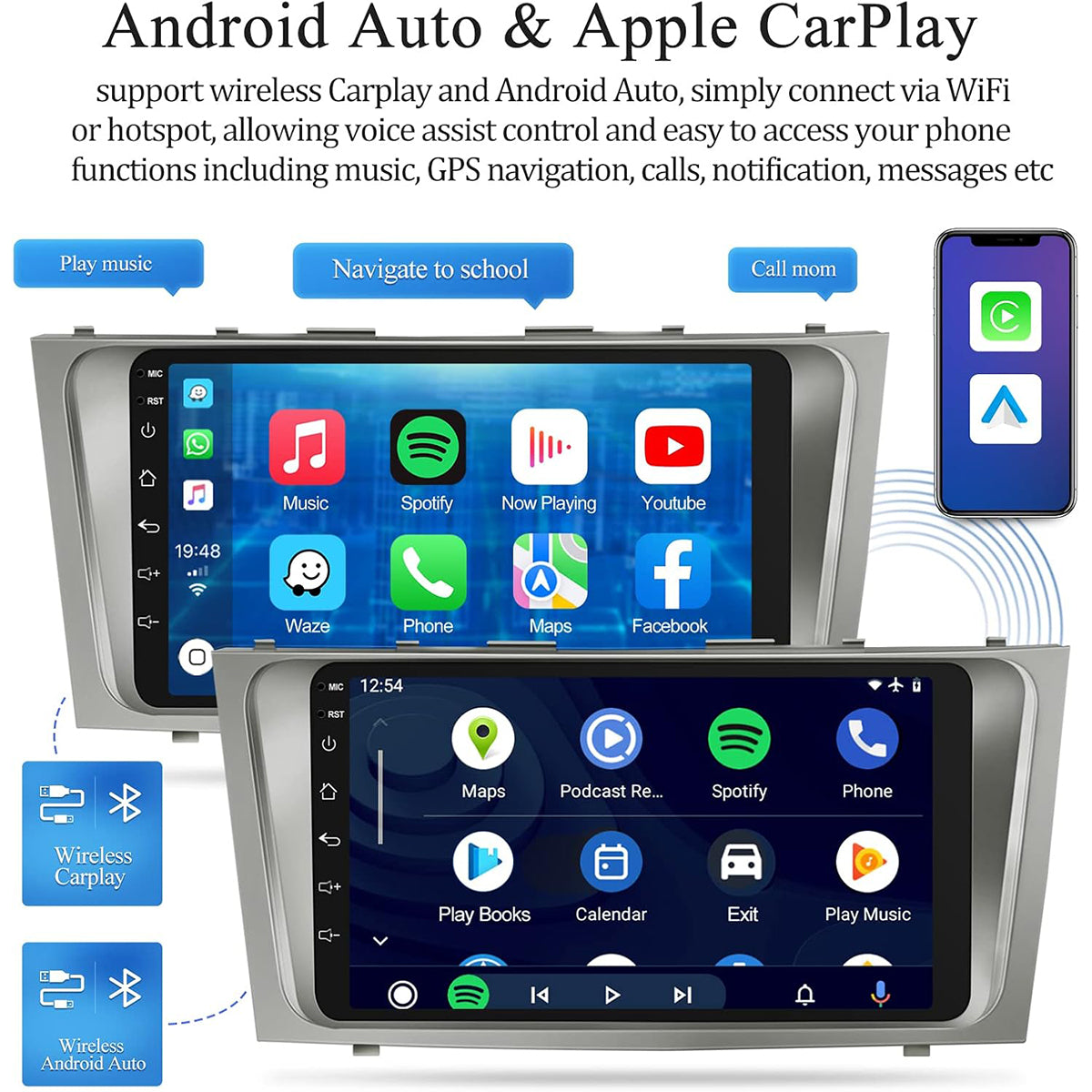 CarpartsX Car Navigation Player for Carplay/Android Auto 9 Inch Automobile Player Android 11 Bluetooth GPS Navigation Car Music Player Compatible for Camry 2007-2011