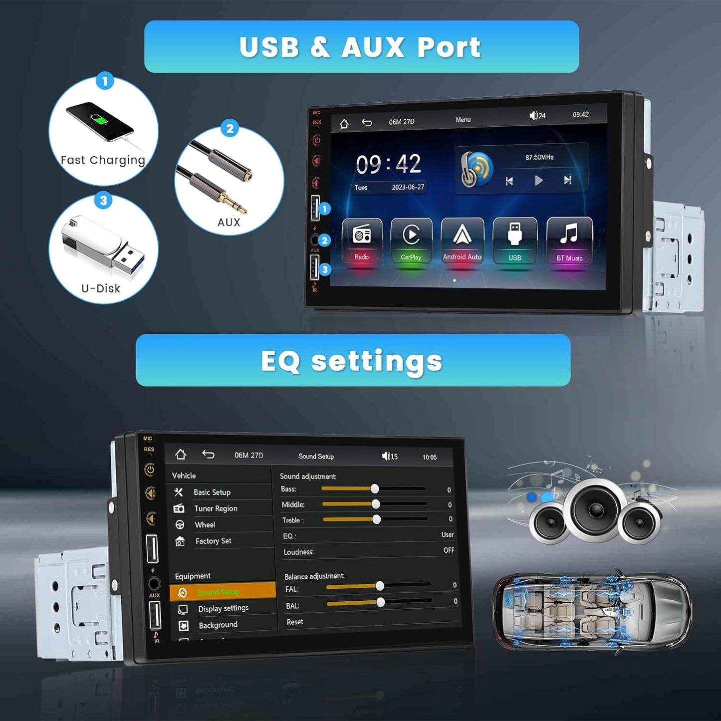 CarpartsX 7" Single Din Touch Screen Car Stereo Radio For Apple/Android CarPlay Bluetooth