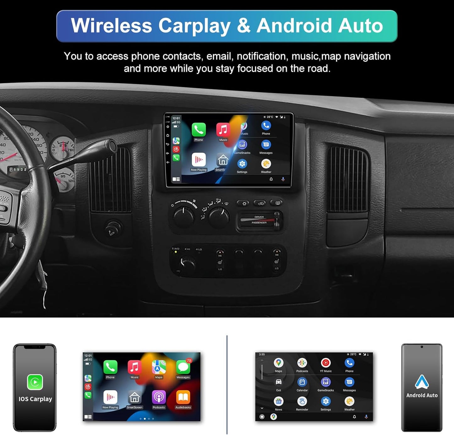 CarpartsX Android 13 Car Stereo for Dodge RAM 1500/2500/3500 (2002-2005) - 9" Touchscreen, Wireless CarPlay, Android Auto, GPS, Bluetooth, AHD Camera