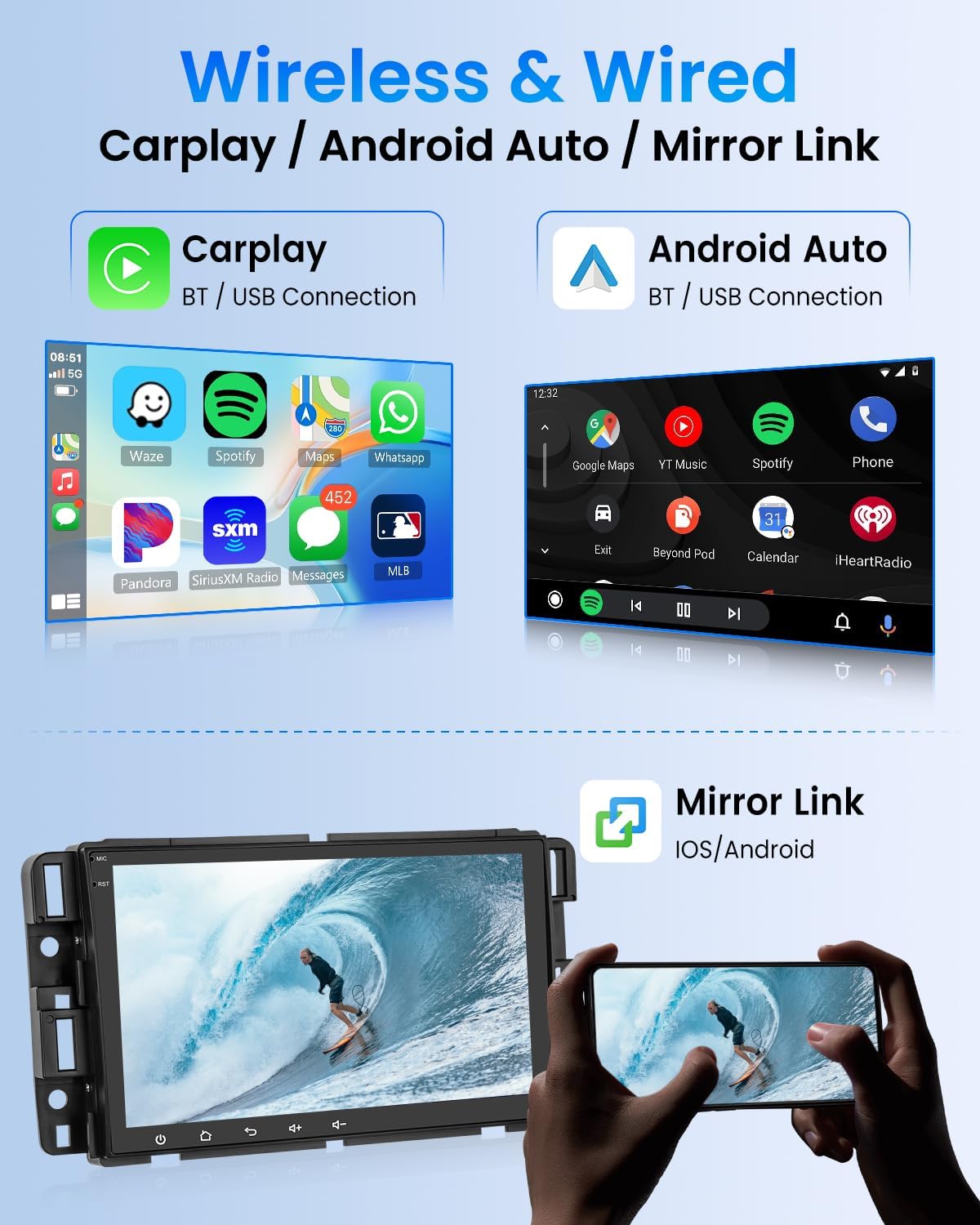 CarpartsX 8" Android 13 Car Stereo for Chevrolet/GMC/Buick - 2GB+32GB, Wireless CarPlay, Android Auto, GPS, Bluetooth, AHD Camera&Mic, SWC, WiFi