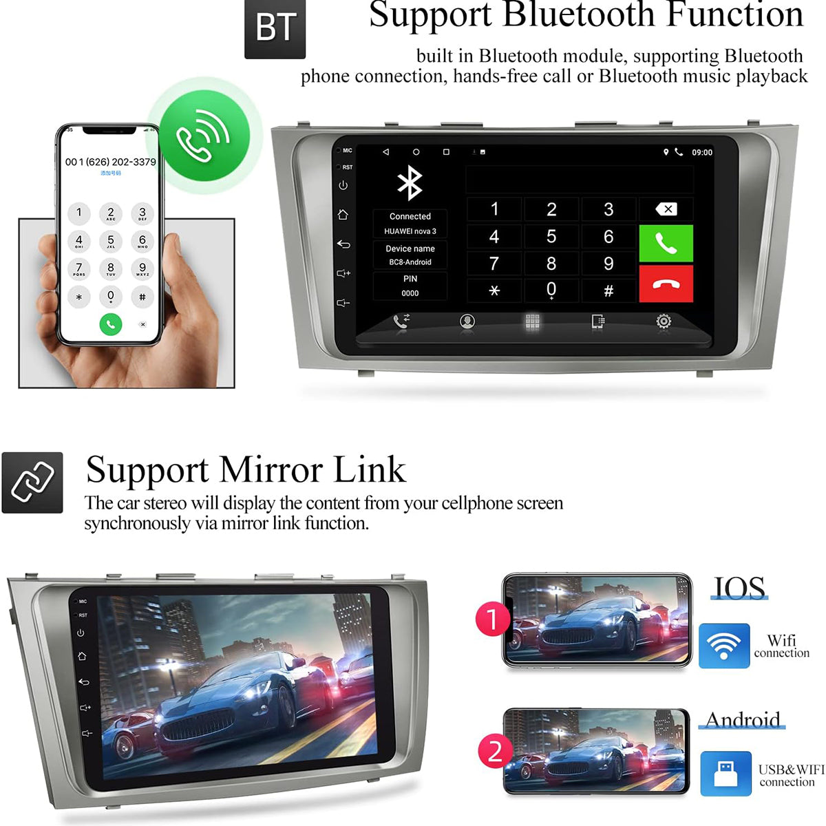 CarpartsX Car Navigation Player for Carplay/Android Auto 9 Inch Automobile Player Android 11 Bluetooth GPS Navigation Car Music Player Compatible for Camry 2007-2011