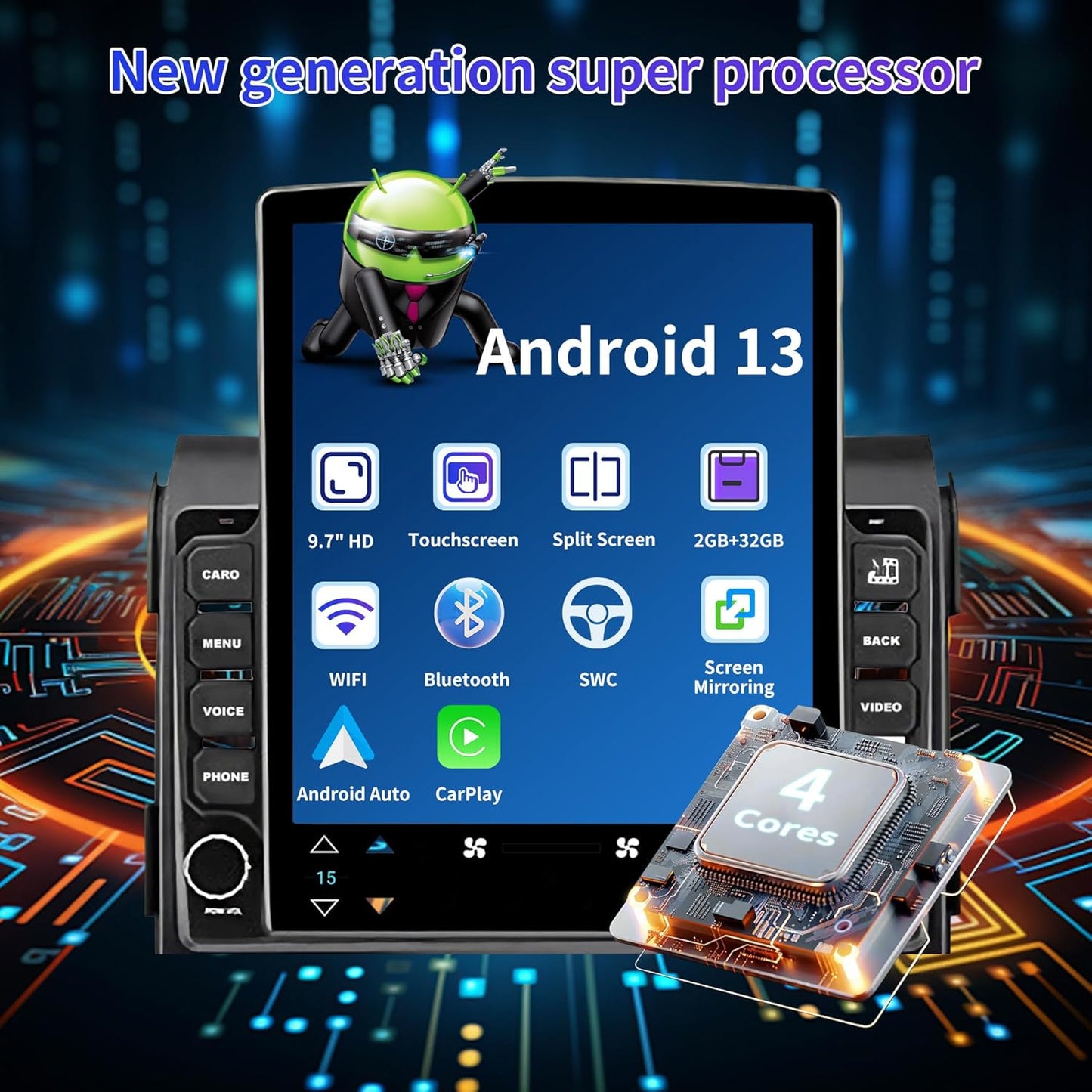CarpartsX Android 13 Double Din Car Stereo for 2009-2014 for Ford for F150 9.7 Inch HD Touch Screen Car Audio Multimedia Receiver with CarPlay Android Auto GPS Radio Navigation Bluetooth Camera - 2+32G