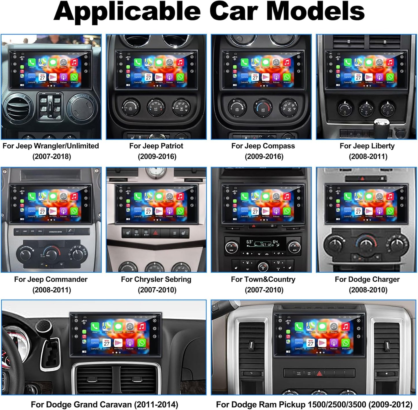 CarpartsX 7" Android 13 Car Stereo for Jeep, Chrysler, Dodge - Wireless CarPlay, Android Auto, GPS, 2GB+32GB, 12 LED Lights, AHD Camera, Bluetooth