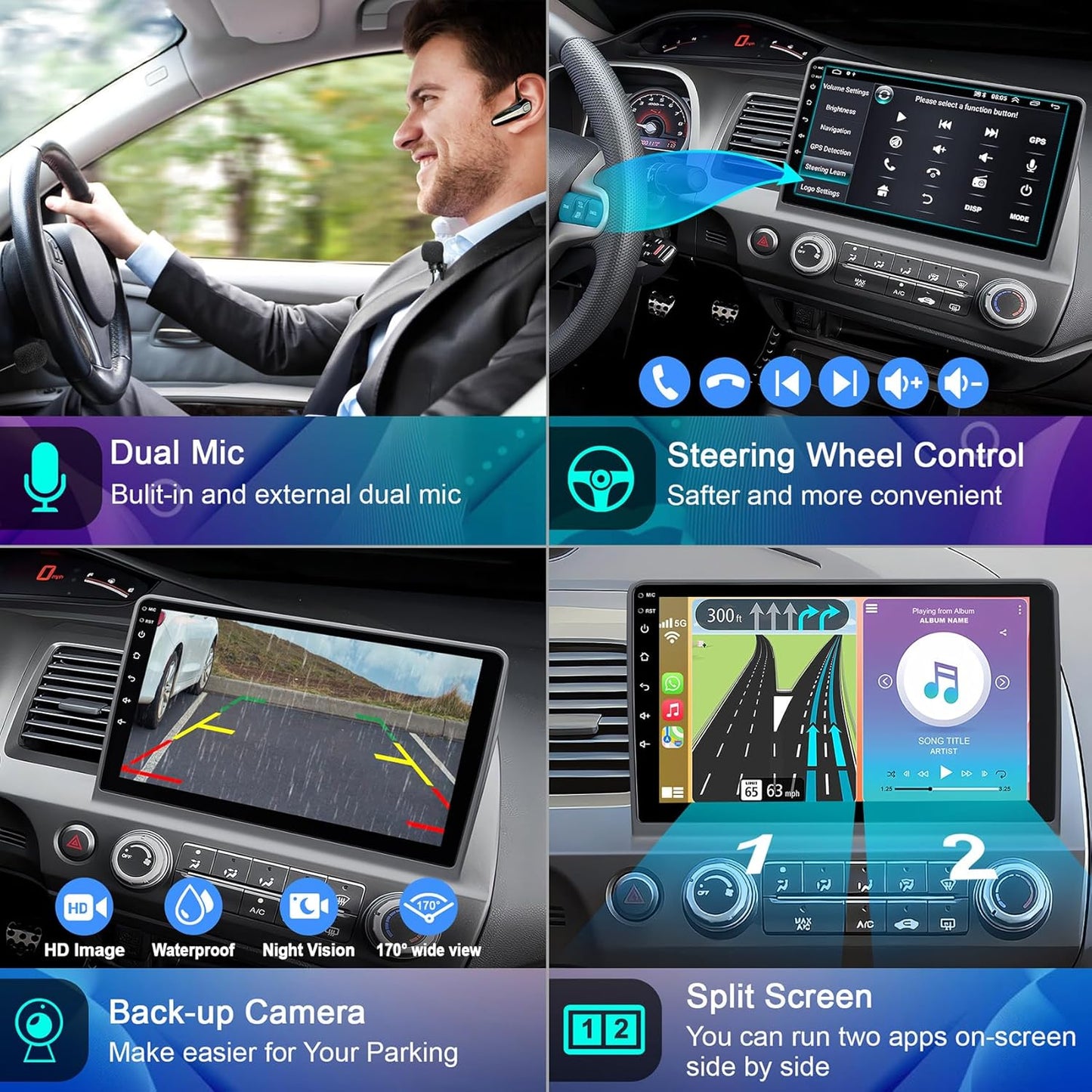 CarpartsX Android 13 Car Stereo for Honda Civic 2006-2011 - 10.1" Touchscreen, CarPlay, Android Auto, GPS, 2GB+32GB, 12 LED Lights, Bluetooth, SWC