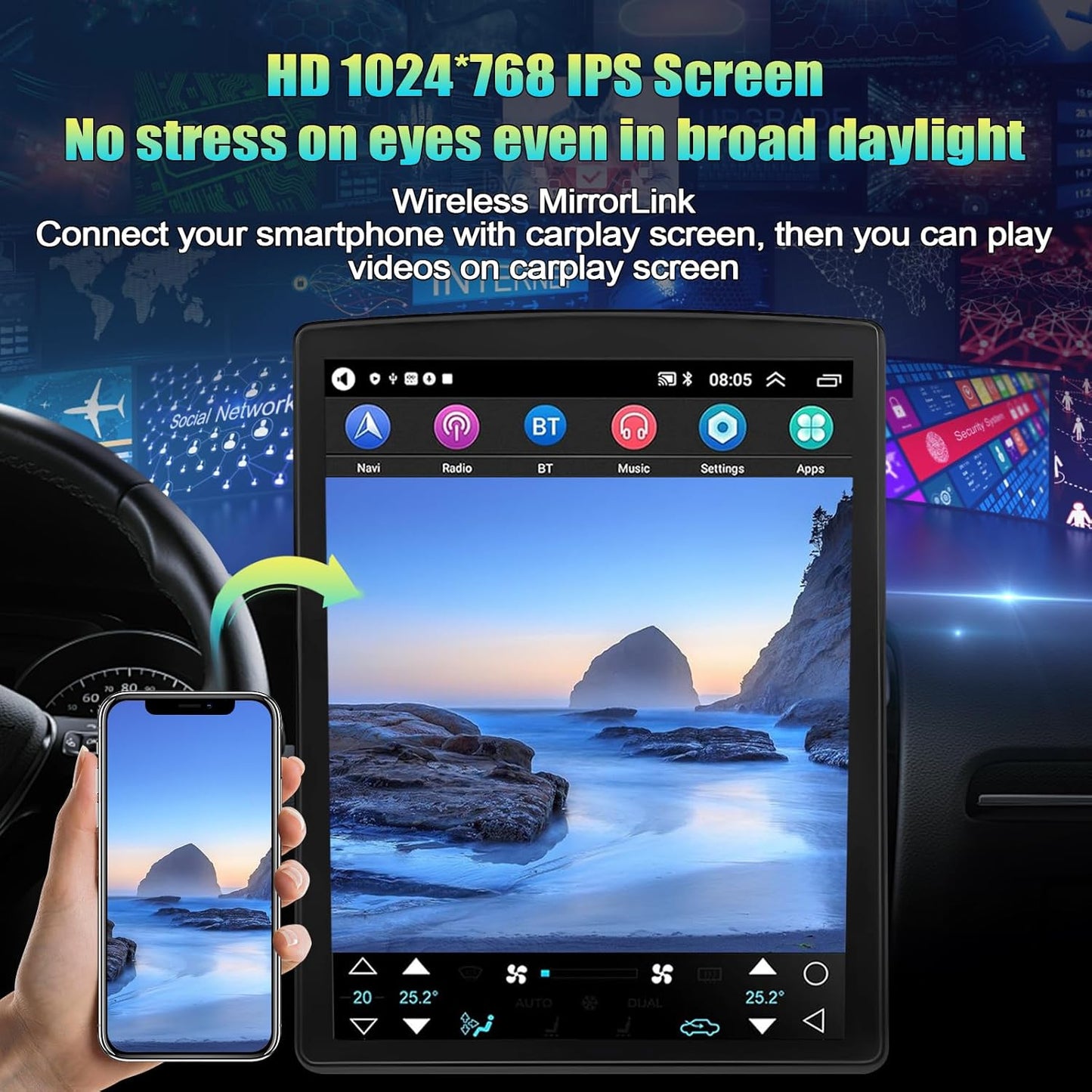 CarpartsX 9.7" Android 13 Car Stereo for Cadillac Escalade/SLS (2007-2014) - CarPlay, Android Auto, GPS, 2GB+32GB, Bluetooth, WiFi, AHD Camera&Mic