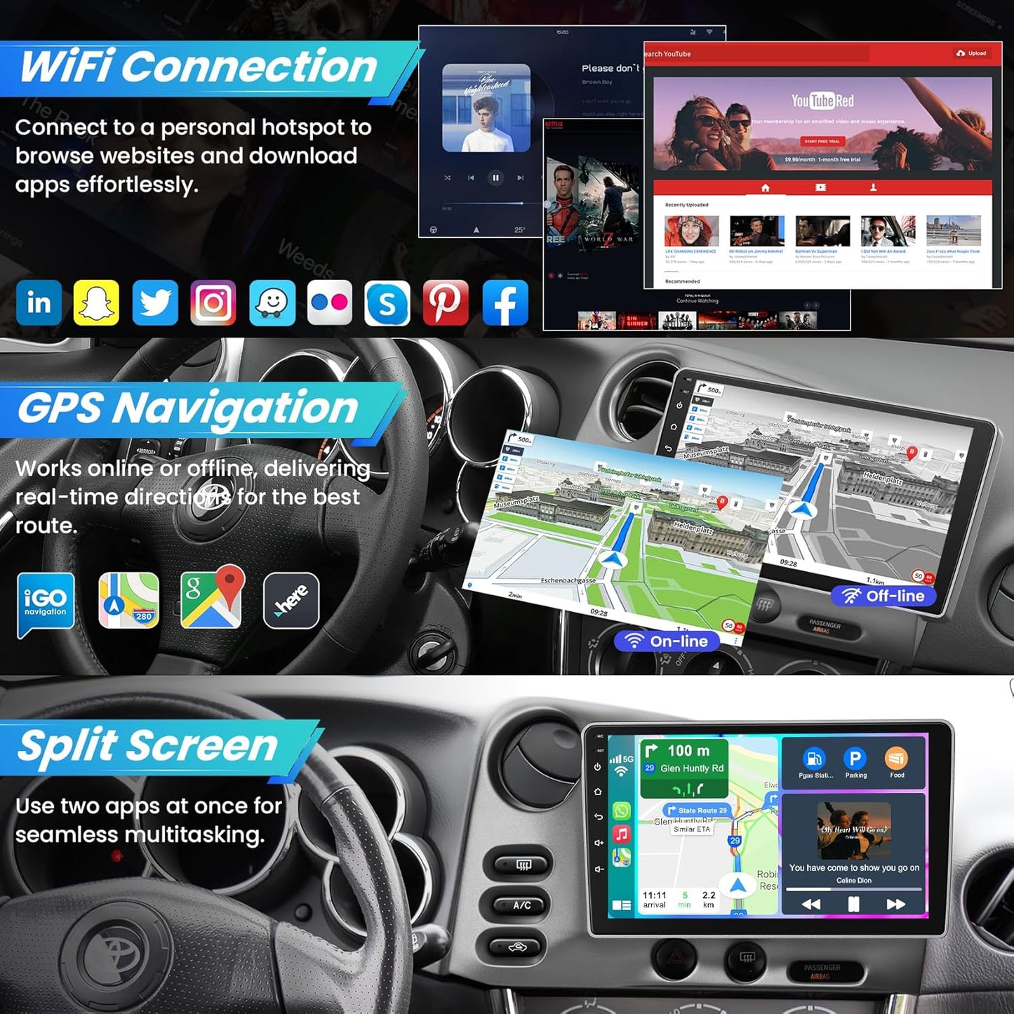 CarpartsX 9" Touchscreen Wireless Carplay Android Auto GPS+Free Reverse Camera 4+64G for Toyota Matrix/Pontiac Vibe Radio 2003/2004