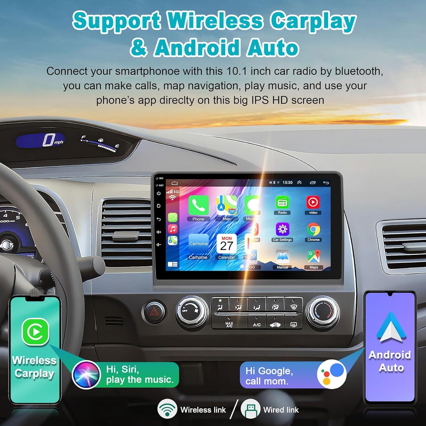 CarpartsX Android 13 Car Stereo for Honda Civic 2006-2011 - 10.1" Touchscreen, CarPlay, Android Auto, GPS, 2GB+32GB, 12 LED Lights, Bluetooth, SWC