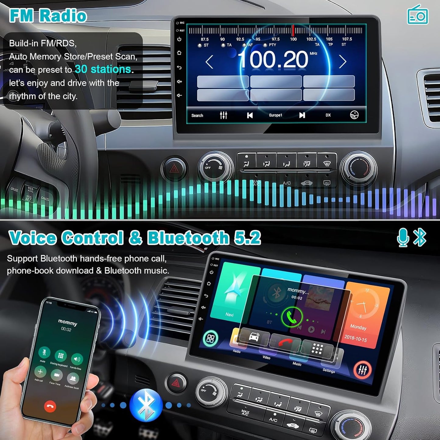 CarpartsX Android 13 Car Stereo for Honda Civic 2006-2011 - 10.1" Touchscreen, CarPlay, Android Auto, GPS, 2GB+32GB, 12 LED Lights, Bluetooth, SWC