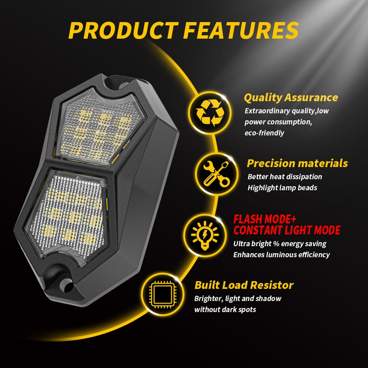 CarpartsX 210° LED Rock Light with 24 SMD Chips & 4m Cable, IP67 Waterproof Wide-Angle Marker Lamp, 6000K Flashing/Steady Mode for Trucks, Trailers, SUVs, UTVs