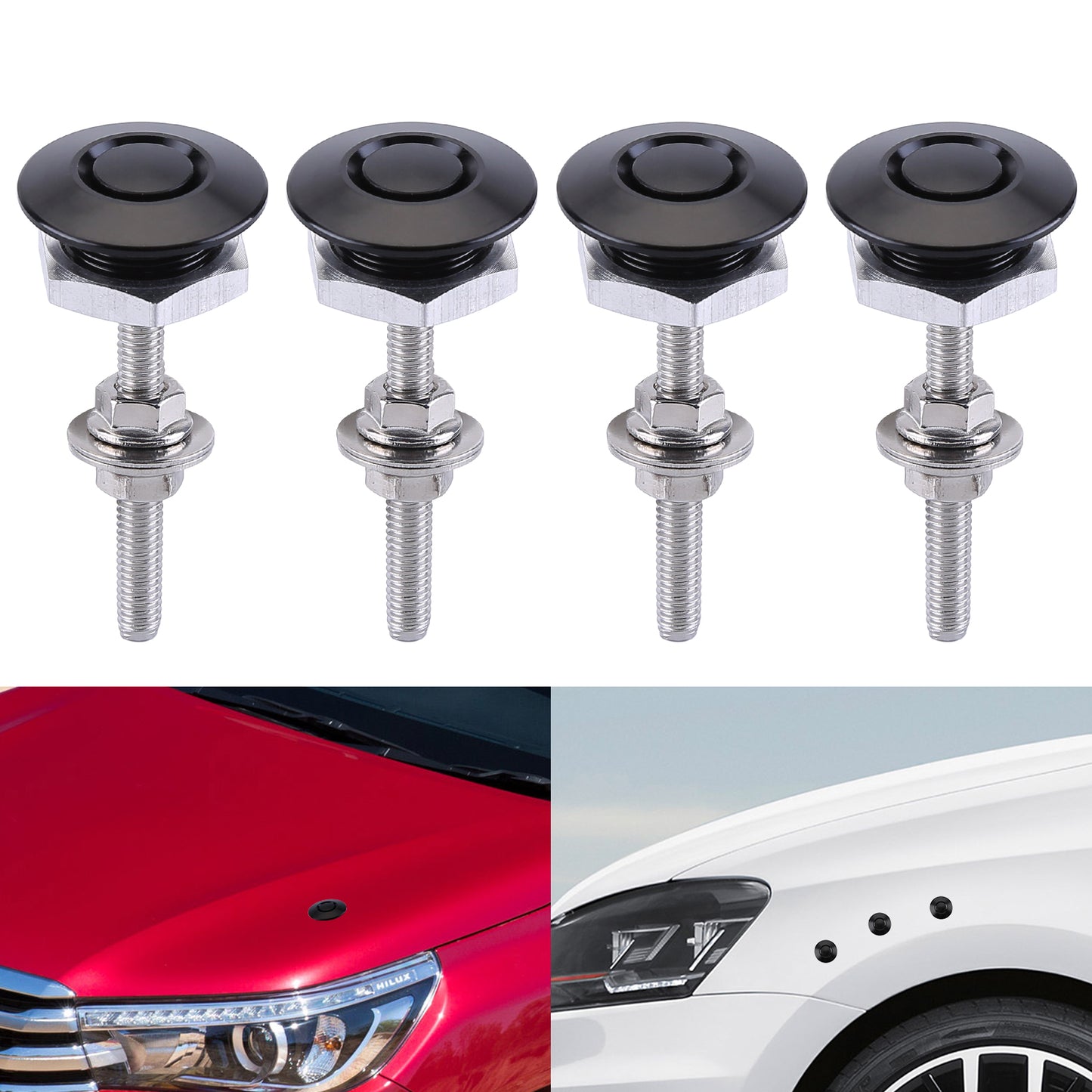 CarpartsX 4-Pack Universal Aluminum Car Hood Pins - 1.25" Quick Release Latch, Push Button Lock for Bumper, Bonnet, License Plate