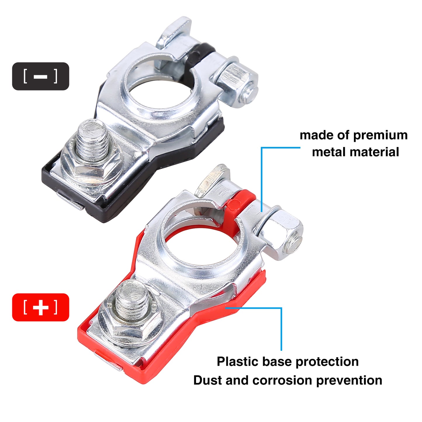 CarpartsX Universal Car Battery Terminals - Red & Black Iron Battery Clamps with Anti-Corrosion Felt Washers - Positive & Negative Terminal Connectors for Cars, Trucks, Boats & Vans