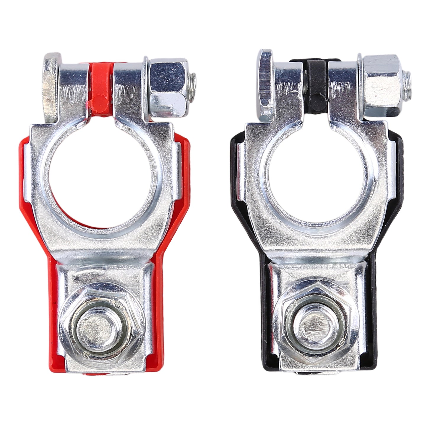 CarpartsX Universal Car Battery Terminals - Red & Black Iron Battery Clamps with Anti-Corrosion Felt Washers - Positive & Negative Terminal Connectors for Cars, Trucks, Boats & Vans