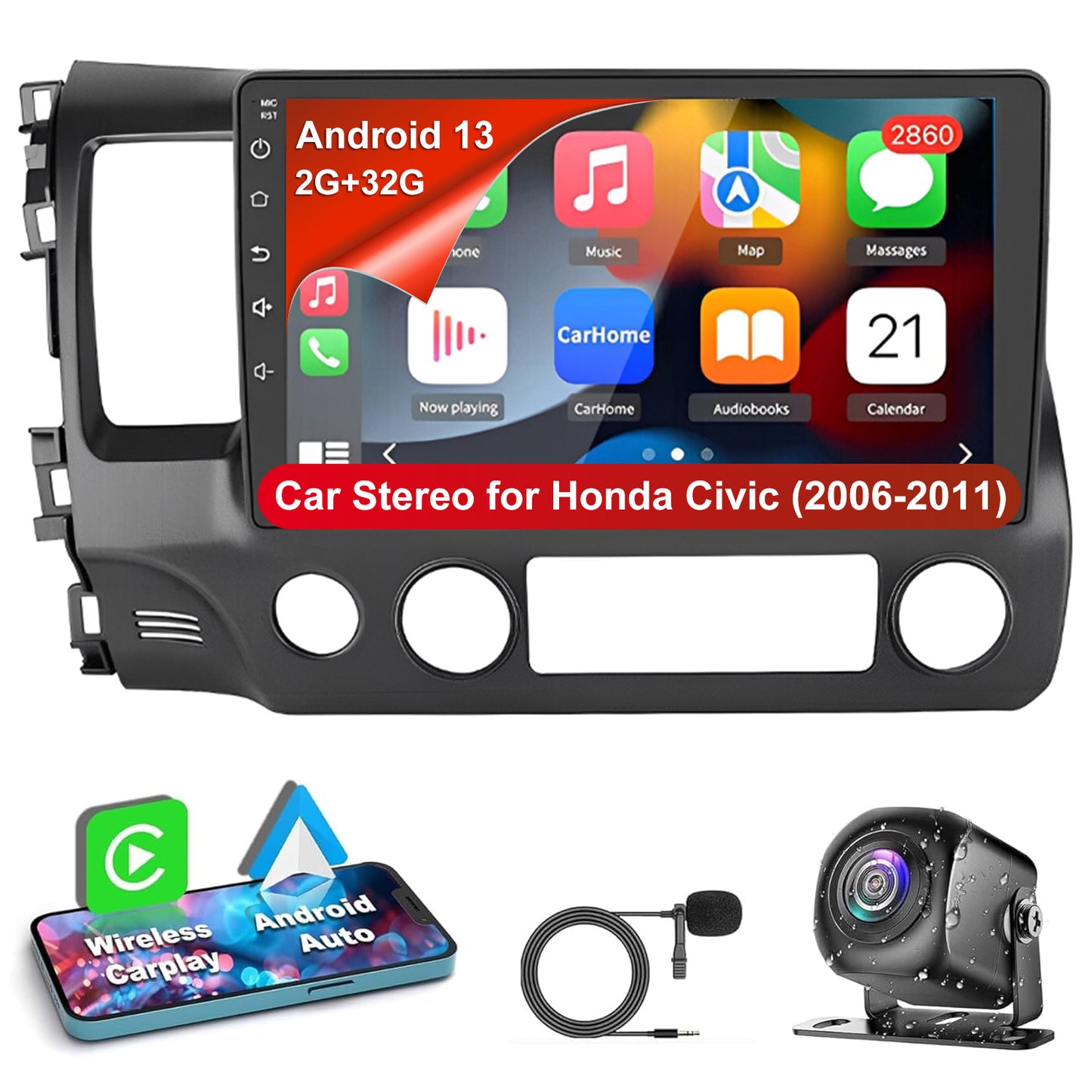 CarpartsX Android 13 Car Stereo for Honda Civic 2006-2011 - 10.1" Touchscreen, CarPlay, Android Auto, GPS, 2GB+32GB, 12 LED Lights, Bluetooth, SWC