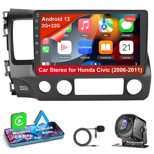 CarpartsX Android 13 Car Stereo for Honda Civic 2006-2011 - 10.1" Touchscreen, CarPlay, Android Auto, GPS, 2GB+32GB, 12 LED Lights, Bluetooth, SWC